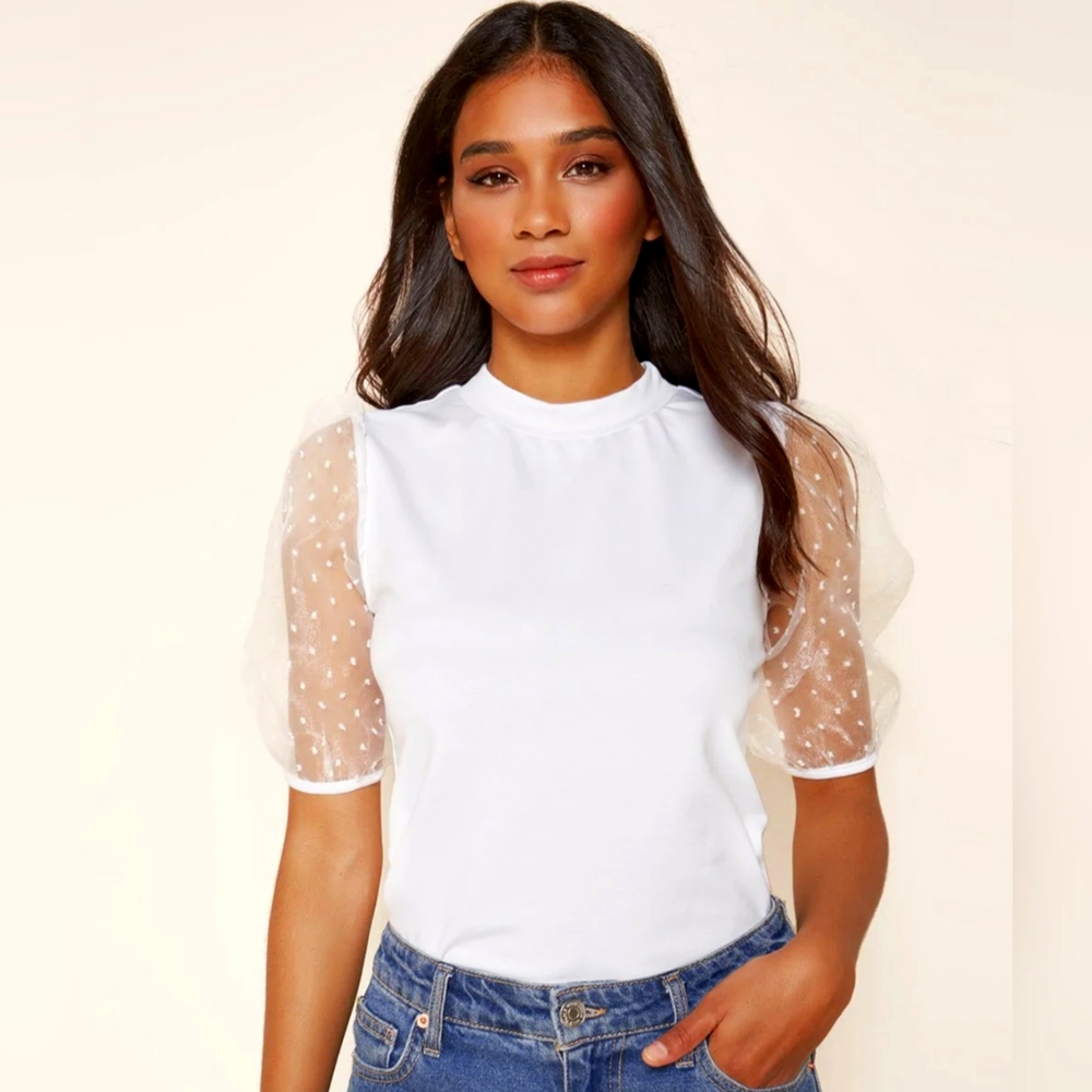 White Tee with lace puffy sleeves